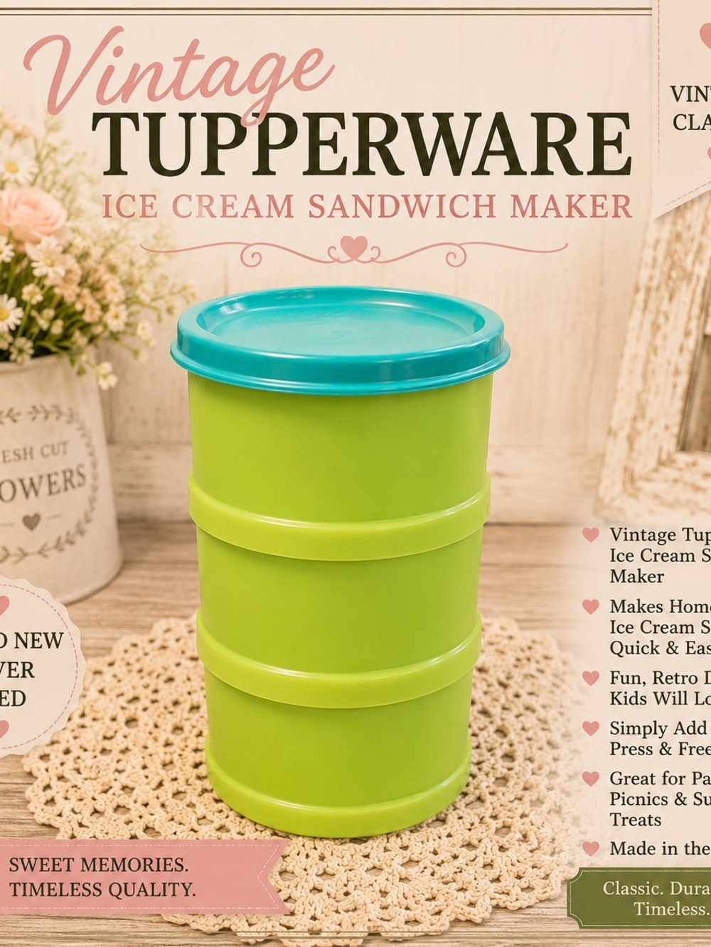 NEW Tupperware Lime Green Stackable Ice Cream Sandwich Maker with Teal Lid